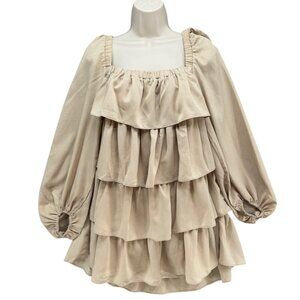 WeWoreWhat Tiered Mini Dress Creme Bruilee Beige Crinkle Chiffon Pullover Sz XS